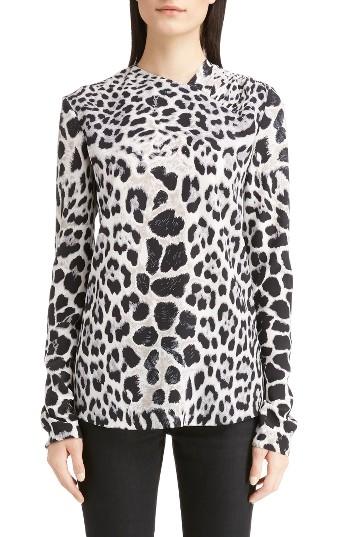 Women's Saint Laurent Logo & Leopard Print Silk Crepe De Chine Blouse Us / 38 Fr - Black
