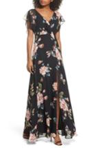 Women's Jenny Yoo Alanna Ohana Print Open Back Print Chiffon Gown - Black
