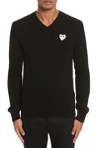 Men's Comme Des Garcons Play White Heart Wool V-neck Sweater - Black