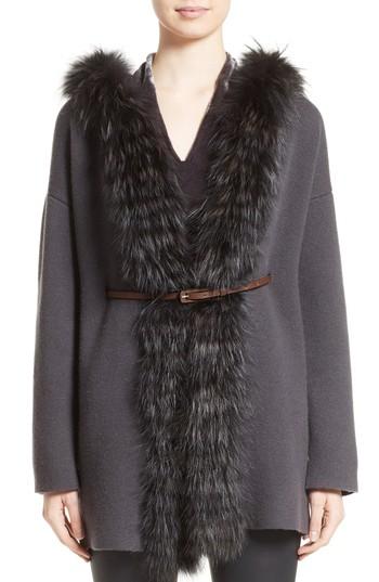 Women's Fabiana Filippi Belted Cashmere Hoodie With Genuine Fox Fur Trim Us / 48 It - Grey