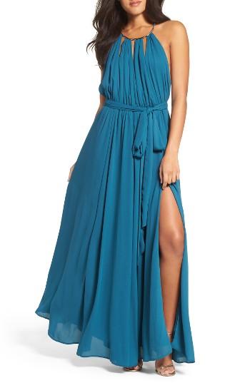 Women's Lulus Gold Metallic Halter Neck Chiffon Gown - Blue/green