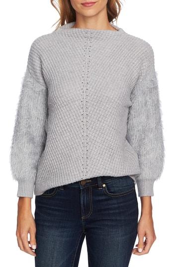 Women's Cece Fuzzy Sleeve Cotton Blend Pullover Sweater, Size - Grey