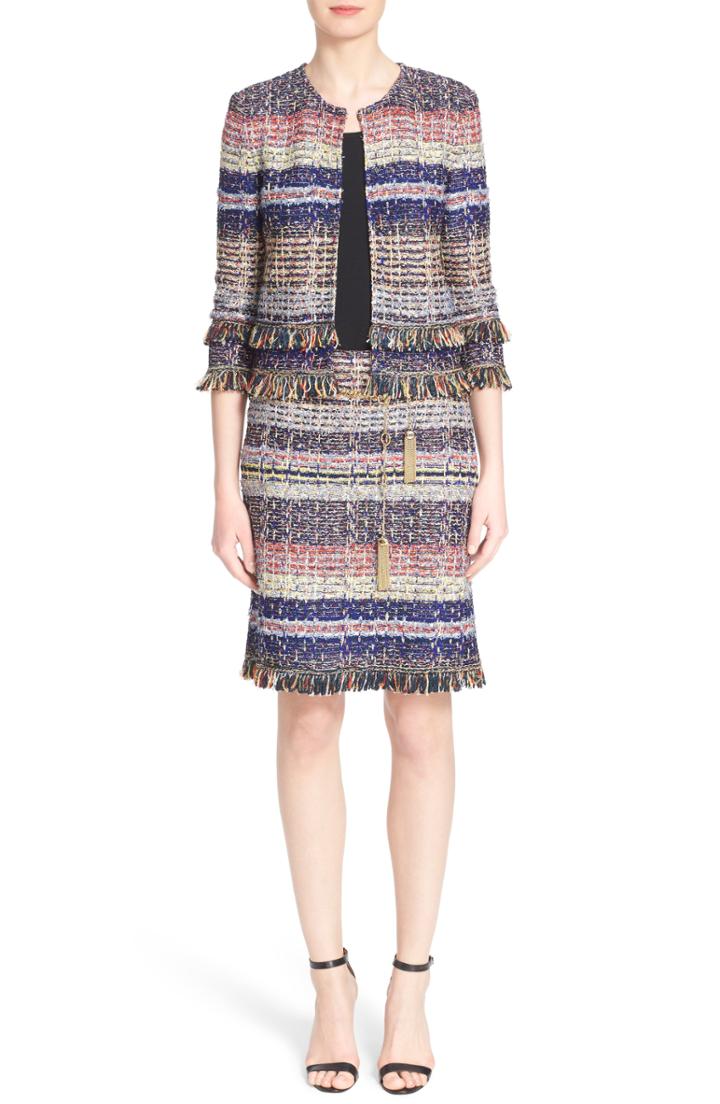 Women's St. John Collection 'ellah' Fringe Trim Knit Jacket - Blue
