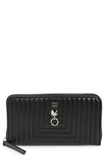 Women's Fendi Small Dotcom Shiny Quilted Leather Clutch Wallet - Black