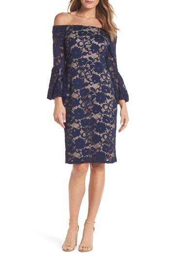 Women's Eliza J Bubble Bell Sleeve Off The Shoulder Lace Sheath Dress - Blue