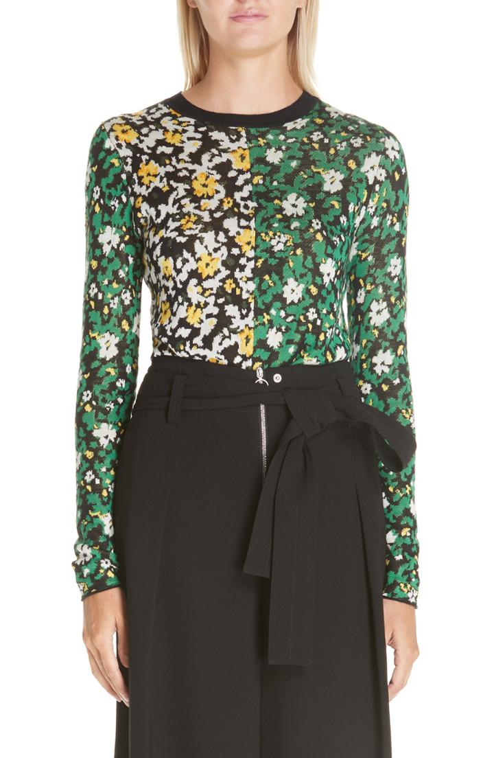 Women's Proenza Schouler Bicolor Silk Jacquard Floral Sweater - Black