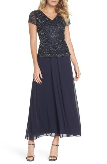 Petite Women's Pisarro Nights Beaded V-neck Mock Two-piece Gown P - Blue