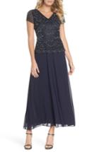 Petite Women's Pisarro Nights Beaded V-neck Mock Two-piece Gown P - Blue