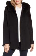 Petite Women's Sachi Genuine Fox Fur Trim Hooded Wool Blend Coat P - Black