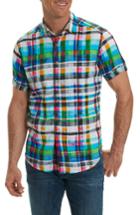Men's Robert Graham Hula Plaid Classic Fit Linen Sport Shirt, Size - Blue/green