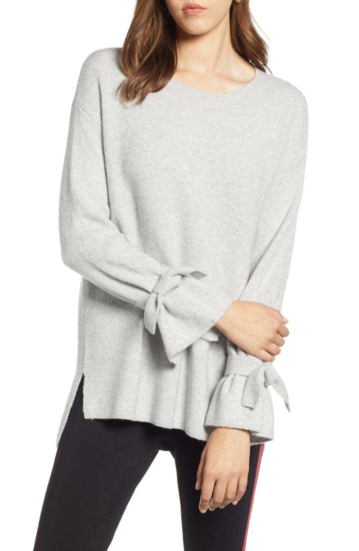 Women's Halogen Tie Sleeve Wool Blend Sweater, Size - Grey