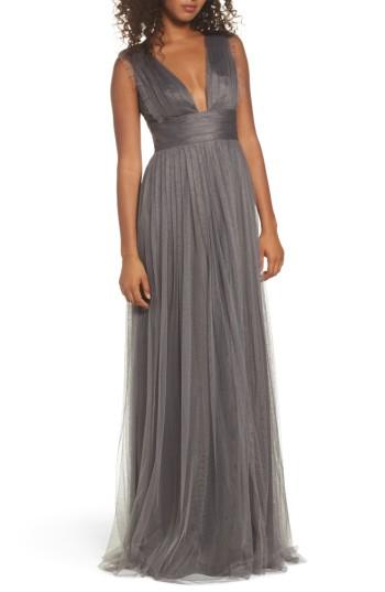 Women's Monique Lhuillier Bridesmaids Isla Ruffle Pleated Tulle Gown - Grey