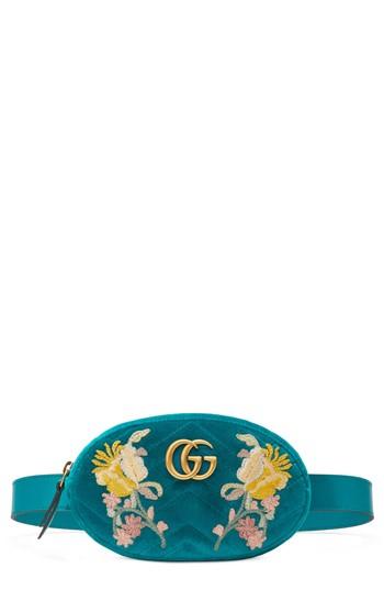 Gucci Gg Marmont 2.0 Embroidered Velvet Belt Bag - Blue/green