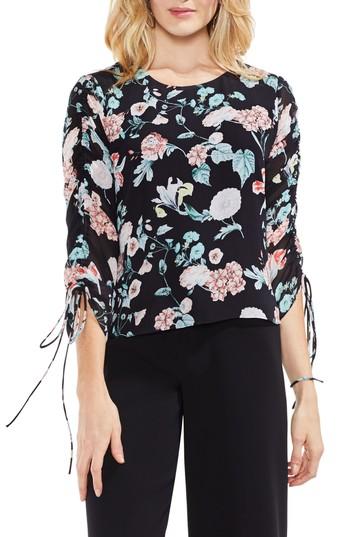 Women's Vince Camuto Floral Gardens Drawstring Sleeve Blouse, Size - Black