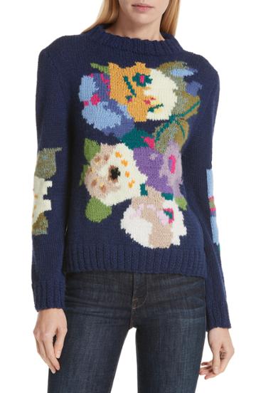 Women's Smythe X Augden Hand Knit Floral Intarsia Wool Sweater - Blue