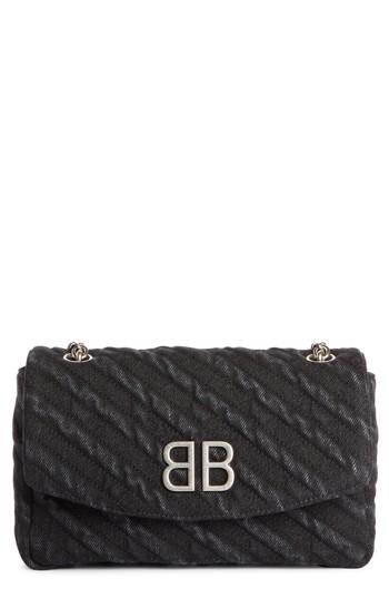 Women's Balenciaga Bb Destroyed Denim Wallet On A Chain - Black