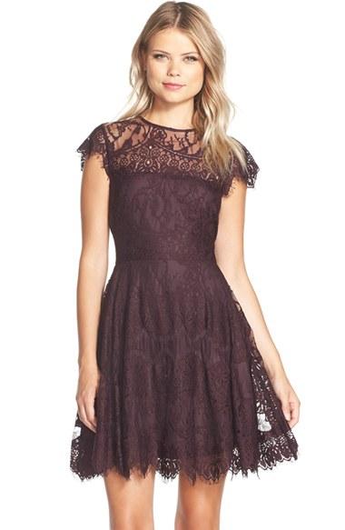 Women's Bb Dakota 'rhianna' Illusion Yoke Lace Fit & Flare Dress - Purple