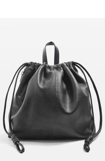 Topshop Premium Leather Drawstring Backpack - Black