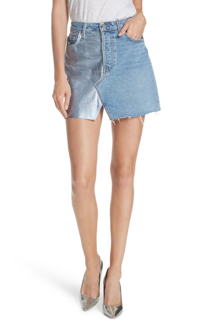 Women's Grlfrnd Milla Metallic Leather Panel Denim Miniskirt