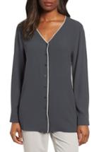 Women's Eileen Fisher Piped Silk Blouse, Size - Grey