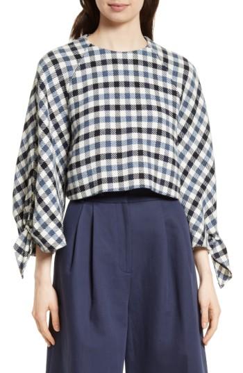 Women's Tibi Fairfax Gingham Tie Sleeve Crop Top - Blue