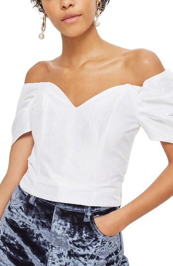 Women's Topshop Puff Sleeve Taffeta Off The Shoulder Top Us (fits Like 0) - Ivory