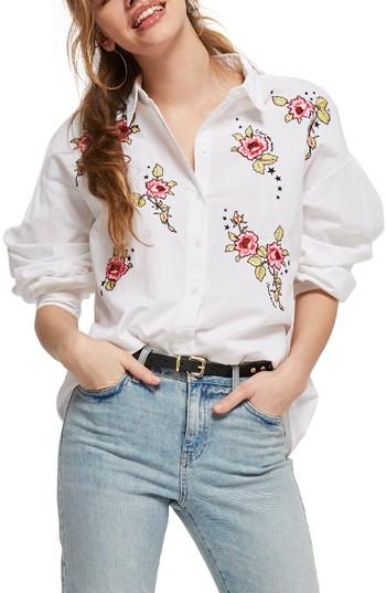 Women's Topshop Love Me Grace Embroidered Shirt Us (fits Like 0) - White