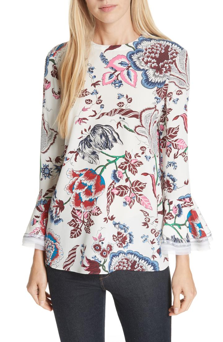Women's Tory Burch Happy Times Ruffle Cuff Silk Blouse