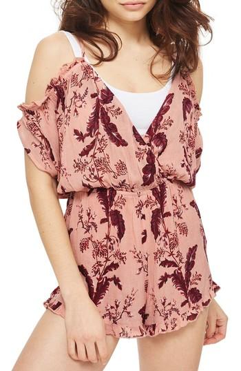 Women's Topshop Floral Cold Shoulder Romper - Pink