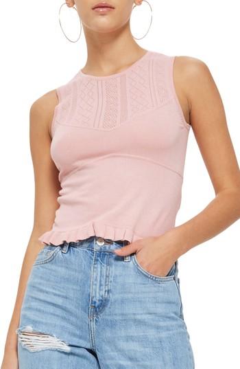 Women's Topshop Pointelle Yoke Frill Top Us (fits Like 0) - Pink