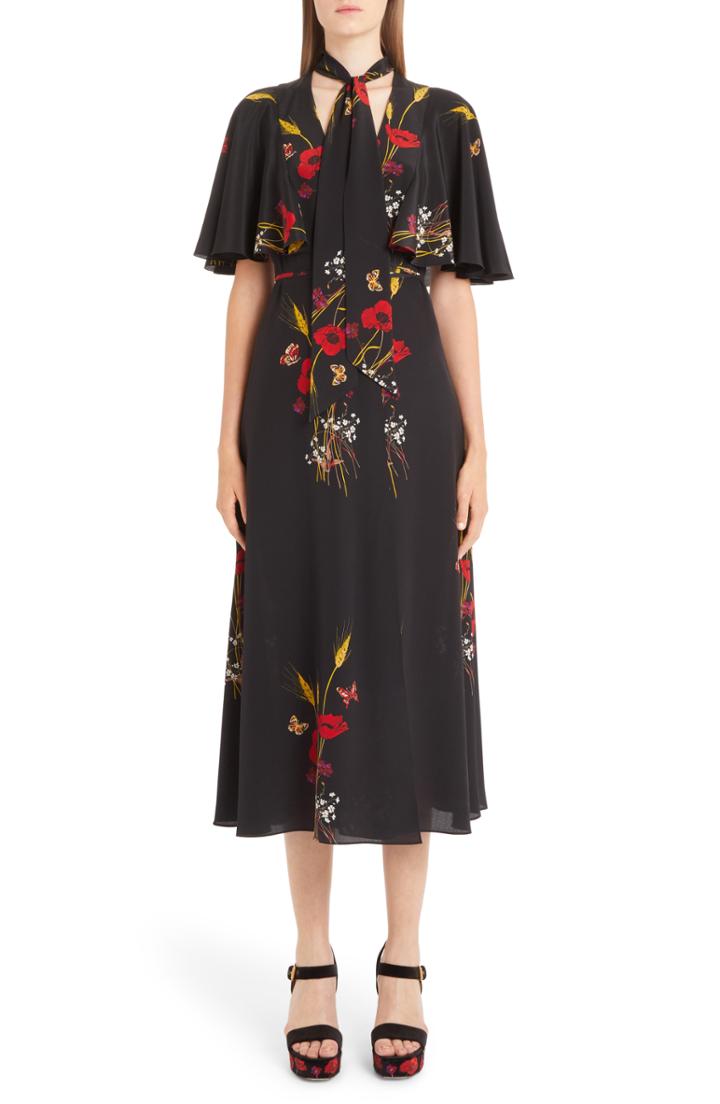 Women's Valentino Floral Meadow Print Crepe De Chine Faux Wrap Dress - Black