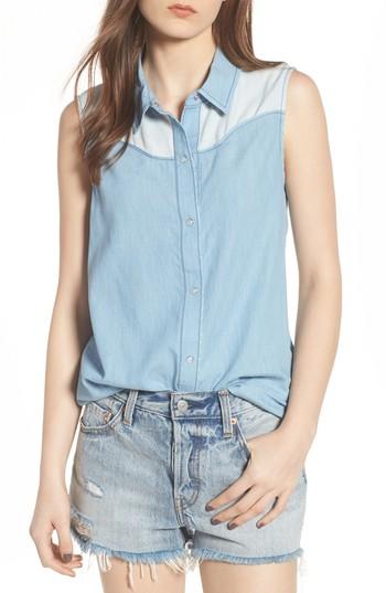 Women's Bp. Chambray Western Shirt, Size - Blue