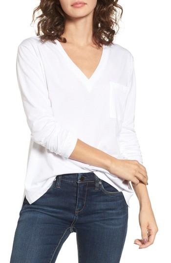 Women's Long Sleeve V Neck Pocket Tee - White
