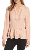 Women's Bobeau Double Ruffle Hem Split Neck Top - Pink