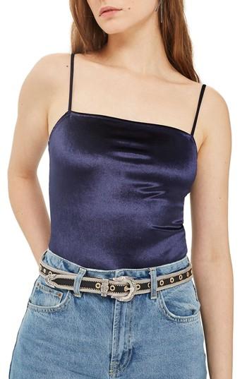 Women's Topshop Square Neck Velvet Bodysuit Us (fits Like 6-8) - Blue