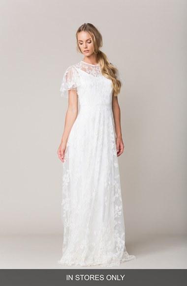 Women's Sarah Seven 'calais' Flutter Sleeve Lace A-line Gown