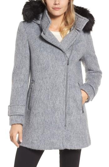 Women's Calvin Klein Hooded Wool Blend Jacket With Faux Fur Trim