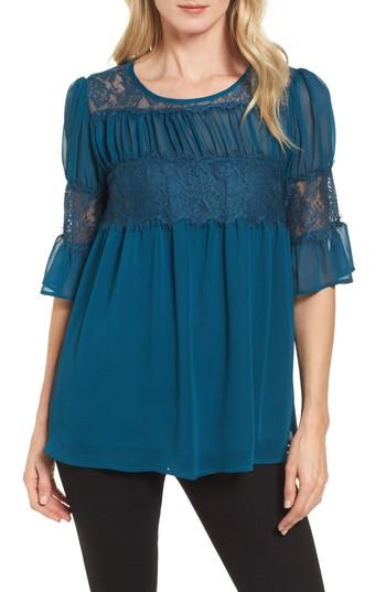 Women's Halogen Lace Panel Pleated Blouse - Blue/green