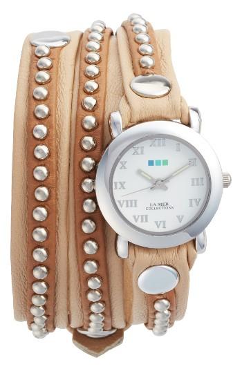 Women's La Mer Collections Bali Stud Leather Wrap Strap Watch, 25.4mm