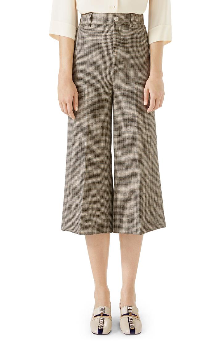 Women's Gucci Houndstooth Wide Leg Crop Linen Pants Us / 42 It - Beige