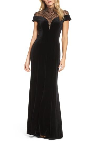 Women's Tadashi Shoji Embellished Deep V-neck Velvet Gown - Black