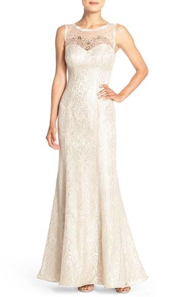 Women's Xscape Embellished Illusion Yoke & Lace Mermaid Gown