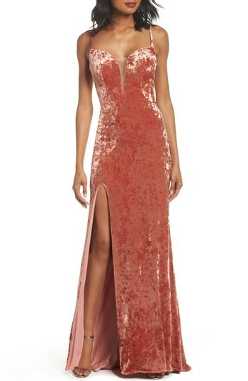 Women's La Femme Crushed Velvet Sheath Gown - Pink