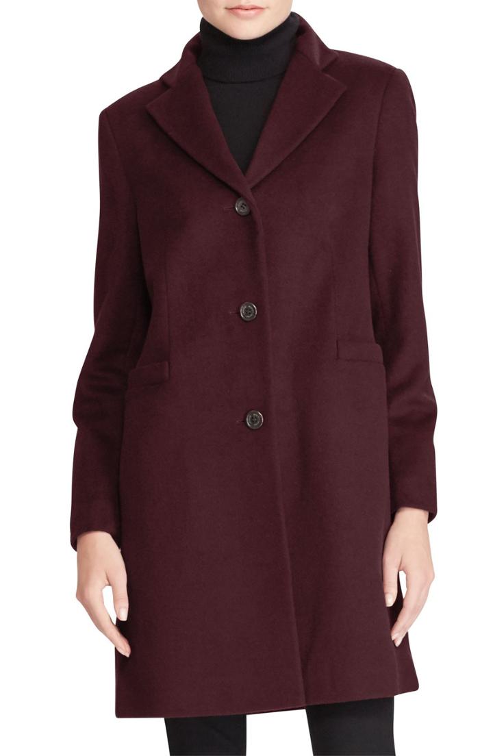 Petite Women's Lauren Ralph Lauren Wool Blend Reefer Coat P - Burgundy