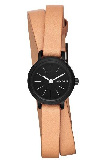 Women's Skagen Hagen Round Wrap Leather Strap Watch, 20mm
