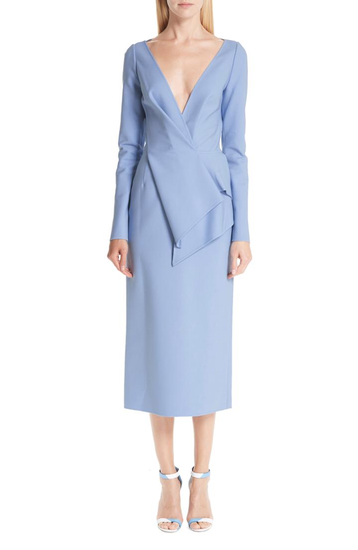 Women's Oscar De La Renta Peplum Detail Stretch Wool Midi Dress - Blue