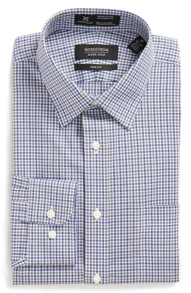 Men's Nordstrom Men's Shop Smartcare(tm) Trim Fit Check Dress Shirt .5 32/33 - Green