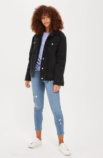 Women's Topshop Faux Shearling Trim Denim Jacket Us (fits Like 0) - Black