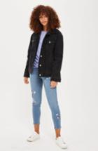 Women's Topshop Faux Shearling Trim Denim Jacket Us (fits Like 0) - Black