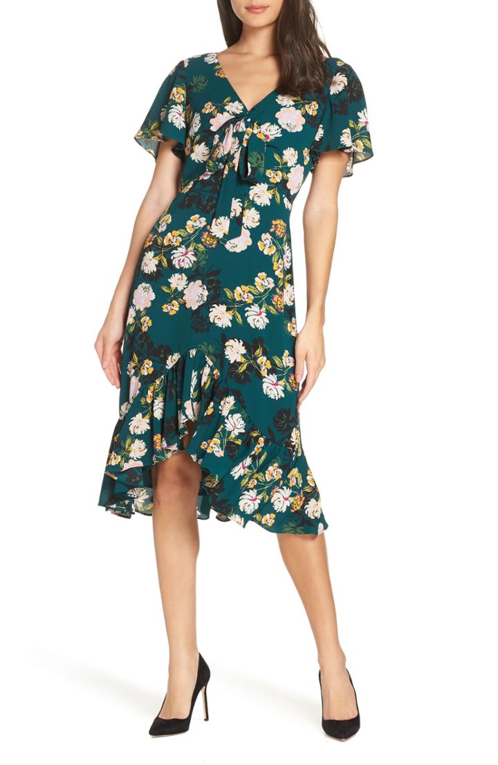 Women's Charles Henry Floral Print Ruffle Hem Dress - Green